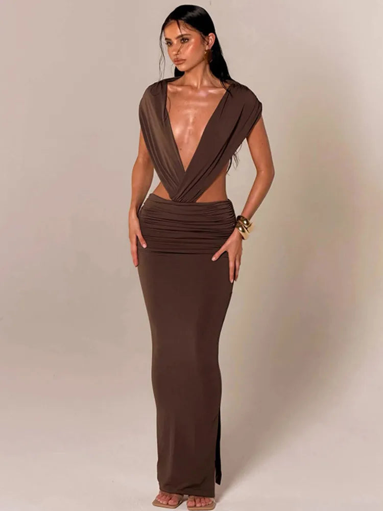 Sibybo Sexy Deep V-Neck Backless Women Maxi Dress Brown Sleeveless Ruched Slim High Waist Long Dress Elegant Evening Party Dress
